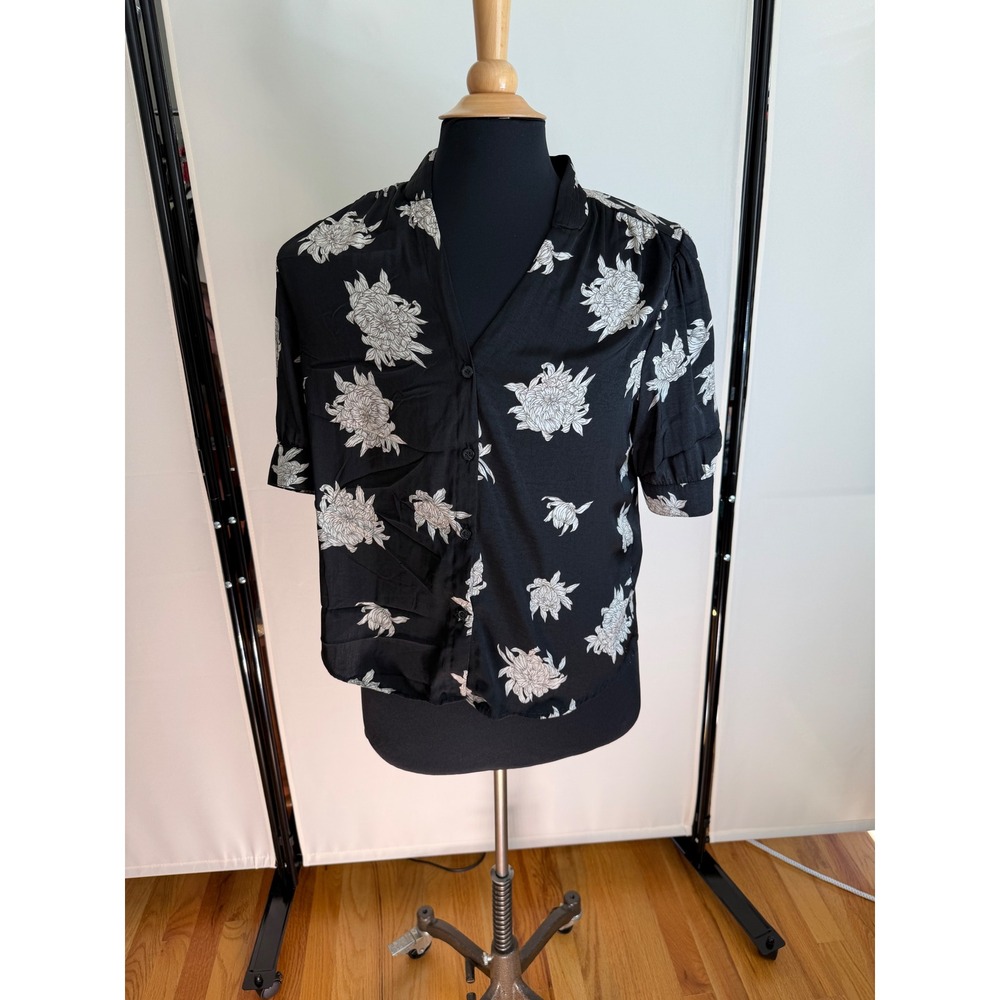 T Tahari Womens Black White Floral Short Sleeve Button Down Blouse Large